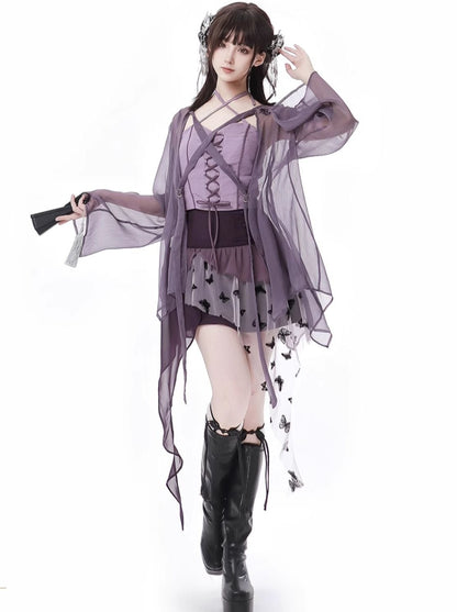 Purple Sheer Cardigan + Lace-up Camisole + Skirt