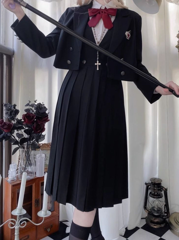 Black Princess College Style Short Jacket + White Shirt + V-Neck Pleated Dress [Reserved Item