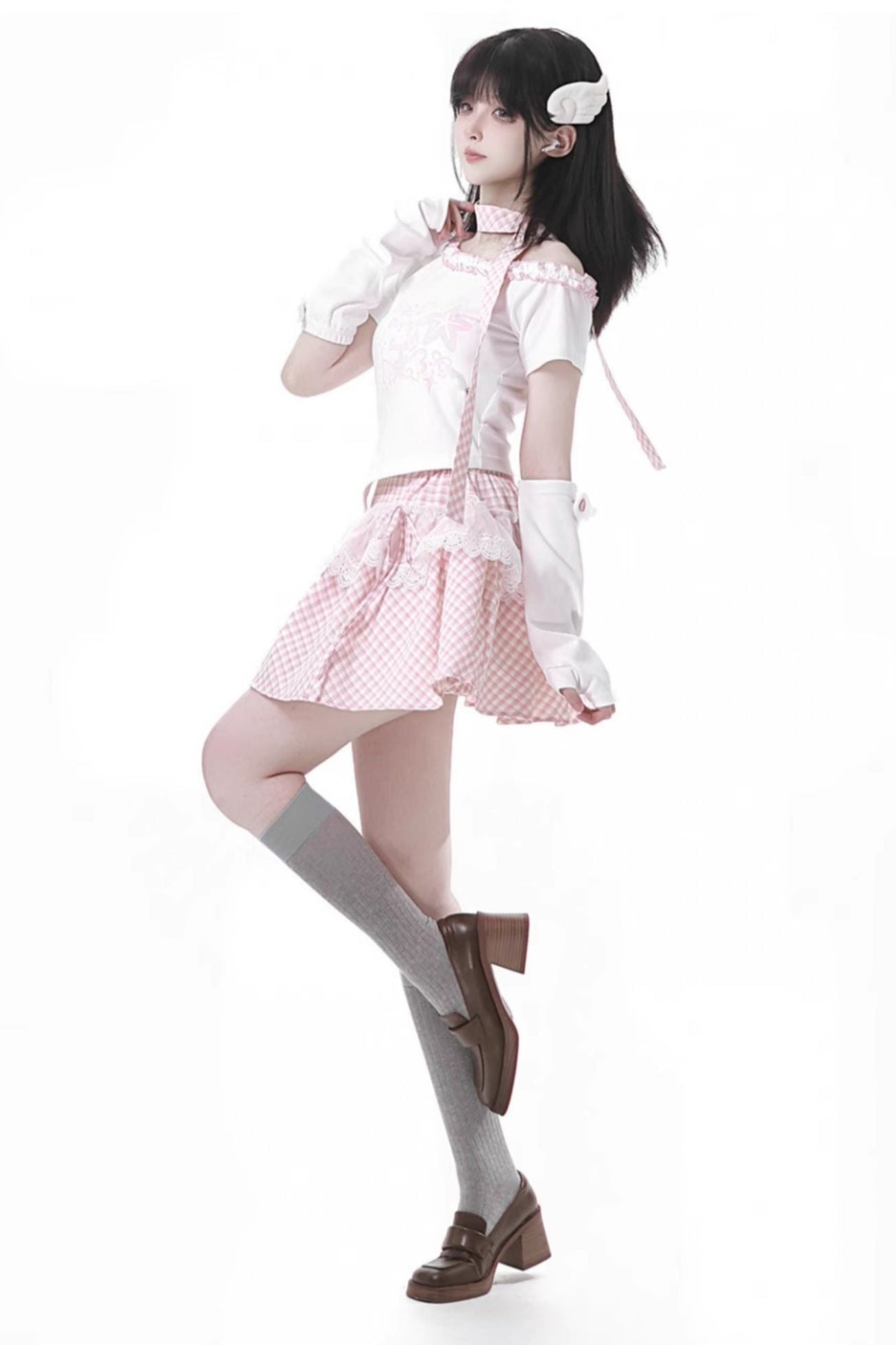 パステルスイートツインスカーフ付きTシャツ＋パフスカート＋アームカバー