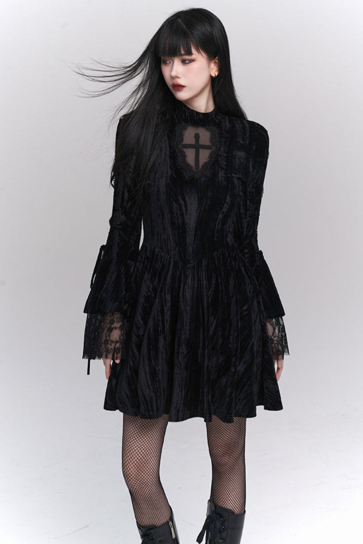 Retro Gothic Black Velvet Dress