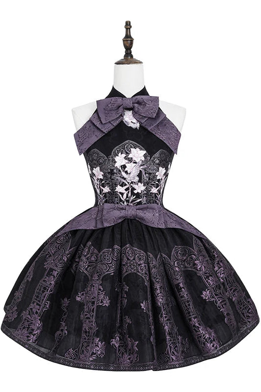 [Scadenza prenotazioni 98] Abito Lolita stile cinese con scollo all'americana, fiocco e ricamo giglio effetto vetrata, nero x viola / bianco x viola