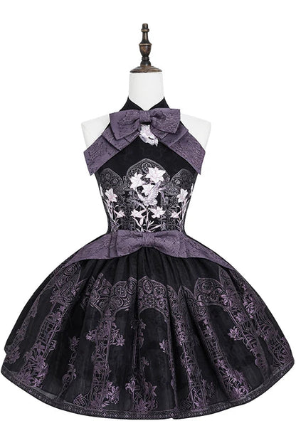 [Scadenza prenotazioni 98] Abito Lolita stile cinese con scollo all'americana, fiocco e ricamo giglio effetto vetrata, nero x viola / bianco x viola