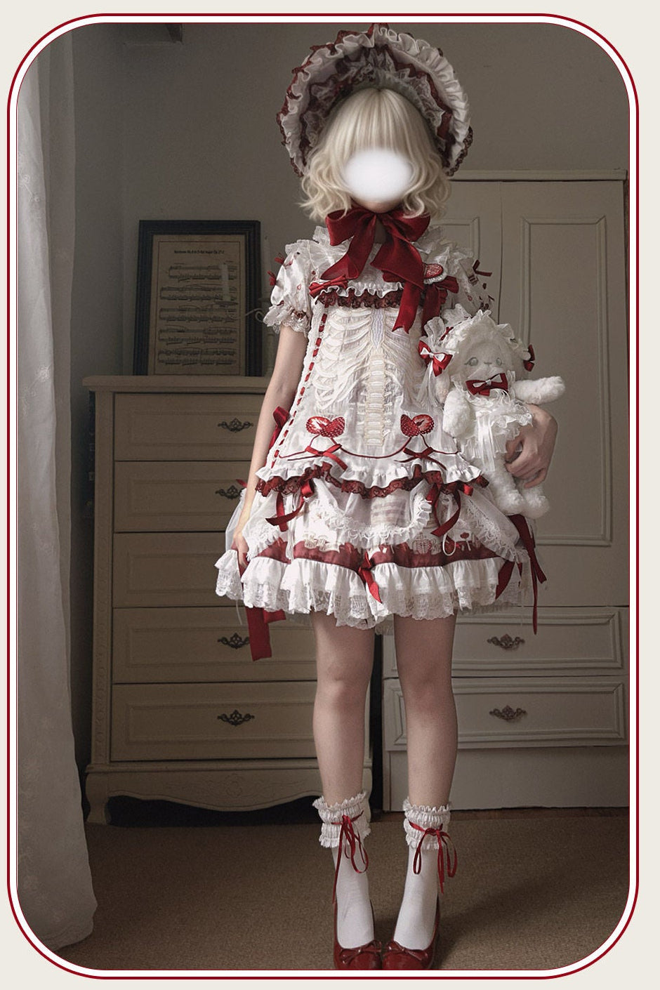 【11月4日予約締切】Strawberry Print Sweet Lolita Lace Bow JSK Dress + Puff Sleeve Lace Bow Doll Dress with Bone Embroidery Apron