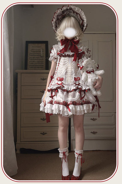 【11月4日予約締切】Strawberry Print Sweet Lolita Lace Bow JSK Dress + Puff Sleeve Lace Bow Doll Dress with Bone Embroidery Apron