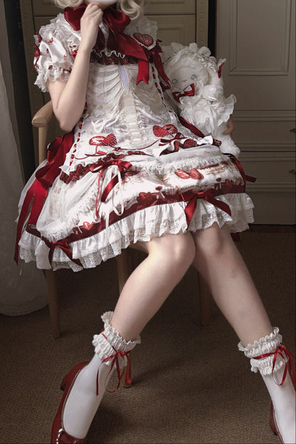 【11月4日予約締切】Strawberry Print Sweet Lolita Lace Bow JSK Dress + Puff Sleeve Lace Bow Doll Dress with Bone Embroidery Apron