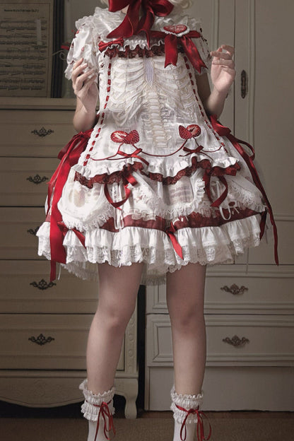 【11月4日予約締切】Strawberry Print Sweet Lolita Lace Bow JSK Dress + Puff Sleeve Lace Bow Doll Dress with Bone Embroidery Apron