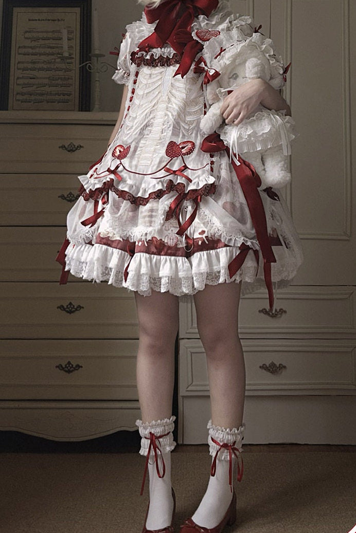 【11月4日予約締切】Strawberry Print Sweet Lolita Lace Bow JSK Dress + Puff Sleeve Lace Bow Doll Dress with Bone Embroidery Apron
