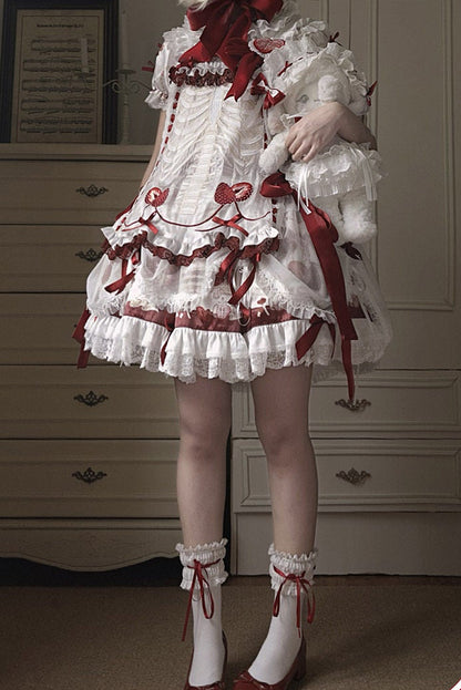 【11月4日予約締切】Strawberry Print Sweet Lolita Lace Bow JSK Dress + Puff Sleeve Lace Bow Doll Dress with Bone Embroidery Apron