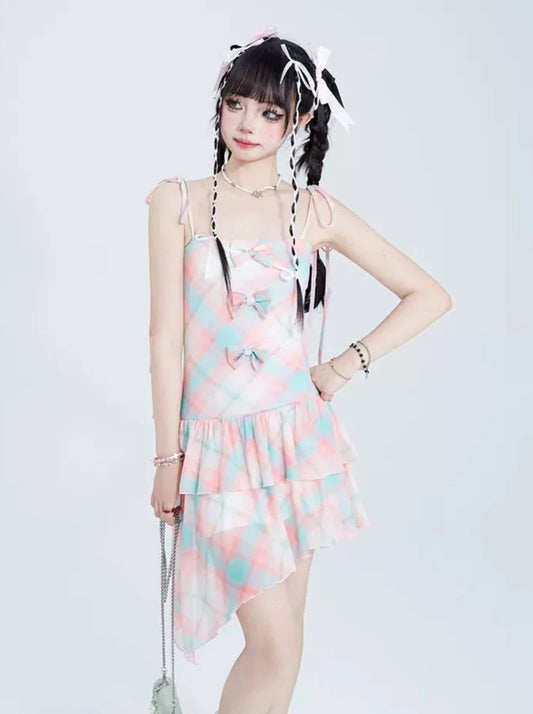11SH97 Bow Slip Dress Female Xia Tianmei Seaside Vacation Slim Slim Irregular Midi Skirt