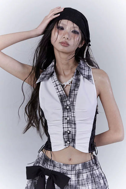 Y2Kダークパッチワークベストトップス