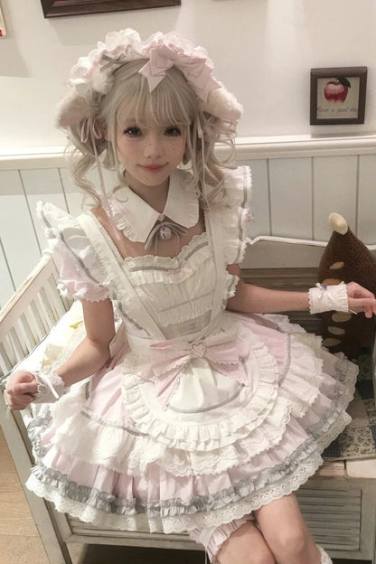 [Pre-Order] Pink Sweet Lolita Ruffle Maid Dress Set (Detachable Collar with Bells + Waist Apron with Ribbon + Back Ribbon + Leg Rings)