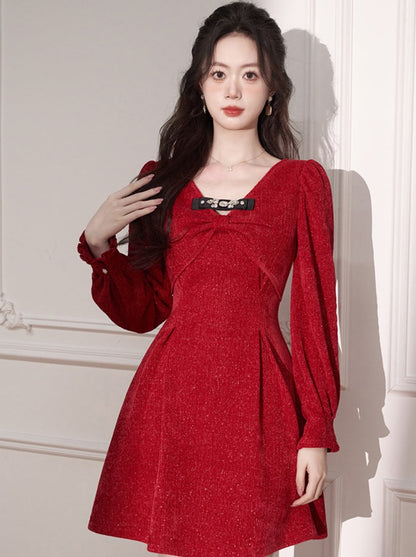 Red Ribbon Design Flared Dress