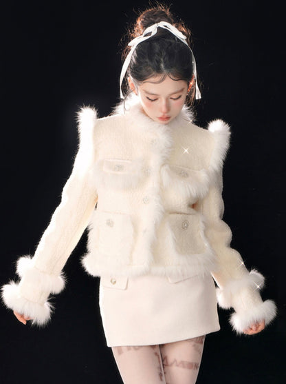 Sweet Tea Snow Fox Fur Apricot Tweed Jacket [Reserved Item].