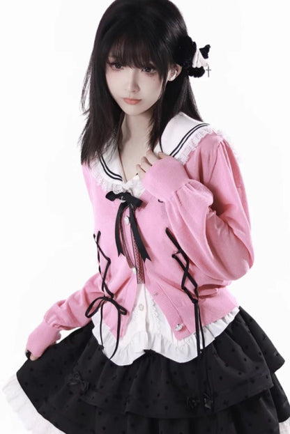 Cárdigan Dark Kawaii con cordones + Top marinero sin mangas + Falda