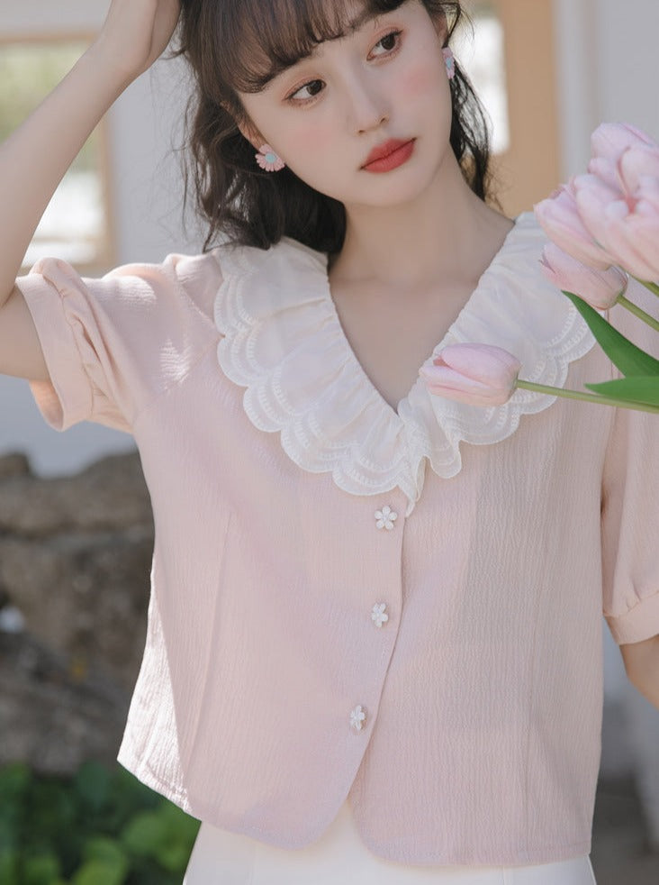 Puff sleeves French lace color shirt