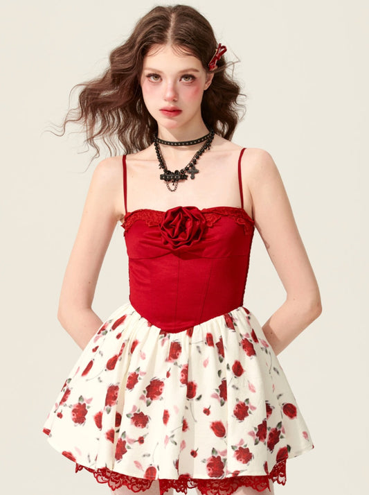 [May 31st at 20 o'clock on sale] less eyes slightly drunk rose red suspender floral dress summer puffy tutu