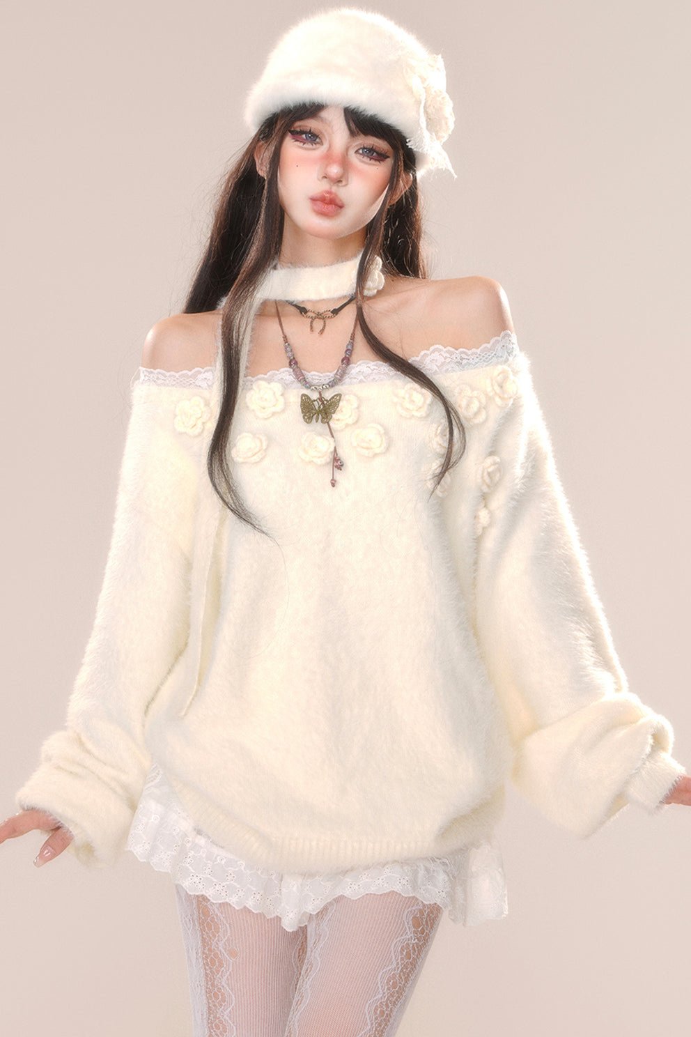 Soft heart lace one shoulder sweater