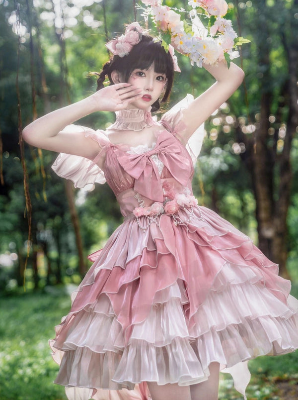 Sweet Pink Ribbon Wedding Lolita Dress + Waist Chain + Tail + Hair Accessories + Accessories