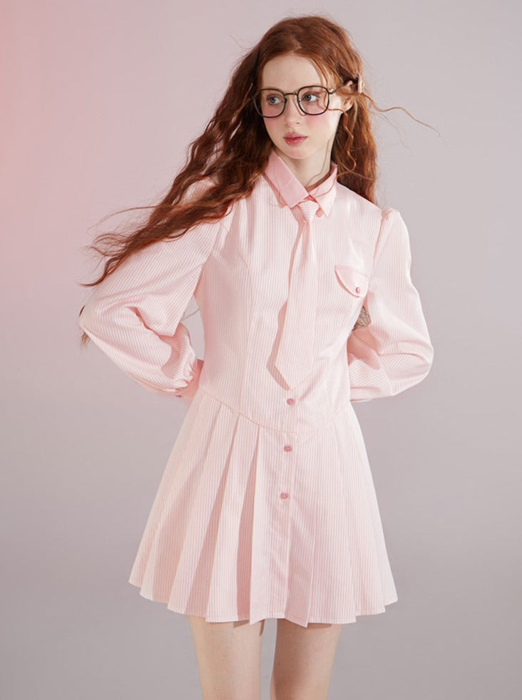 Casual College Style Pink Stripe Shirt Dress