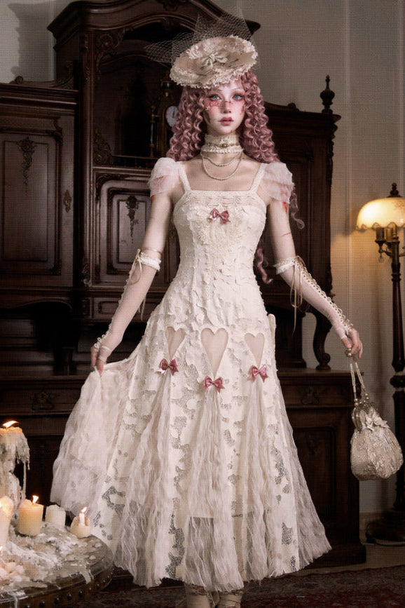 コットンラブハートリボンカットアウトレーススリップドレス