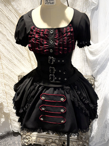 Original from Jiuyu Market: Black and Red Plaid Puff-Sleeve Knit Top with Military-Style Mesh Cake Skirt Set