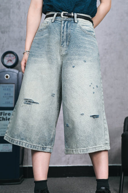ダメージハーフデニムワイドレッグパンツ