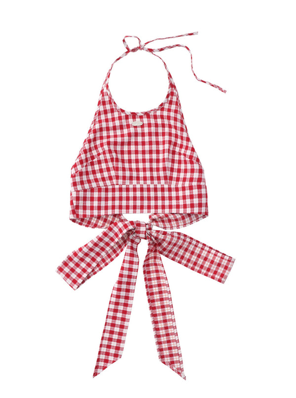 French sweet check + puff sleeve shirt