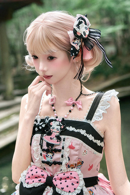 [Reservierungsschluss am 1025] Pink/Grüne Chinoiserie-Lolita-Sweet-Panda-Serie Accessoires (Teetassen-inspirierter Minihut, Pandaohren-Haube, Pandaohren-KC, Pandaohren-Barett, Haarclip, Halskette, Handtasche, Quastenbrosche, Socken)