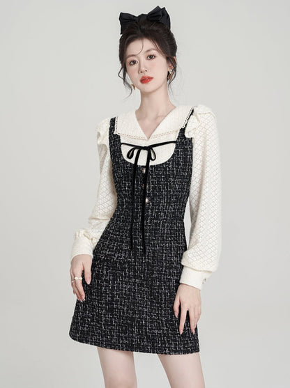 Robe camisole deux pièces en tweed serré de style français