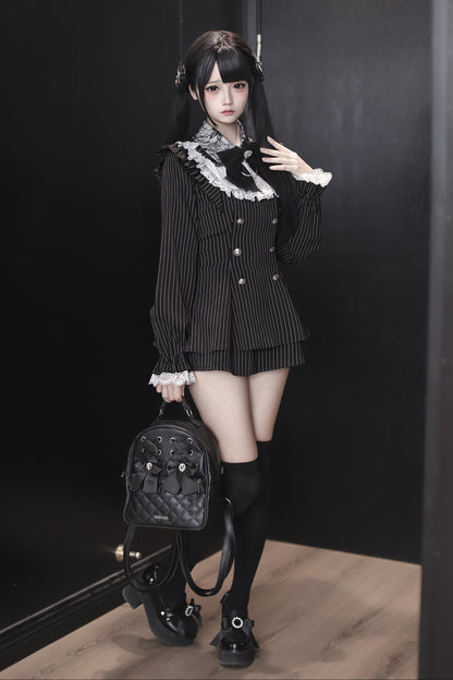 【12月15日予約締切】ダークゴシックレースダブルブレストストライプスーツセット＋ヘアアクセサリー
