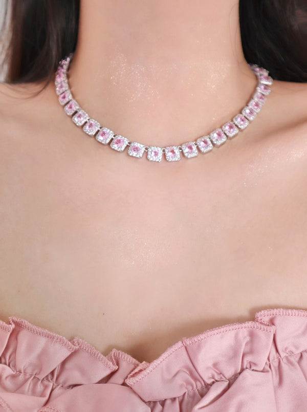 Square diamond pink necklace + bracelet
