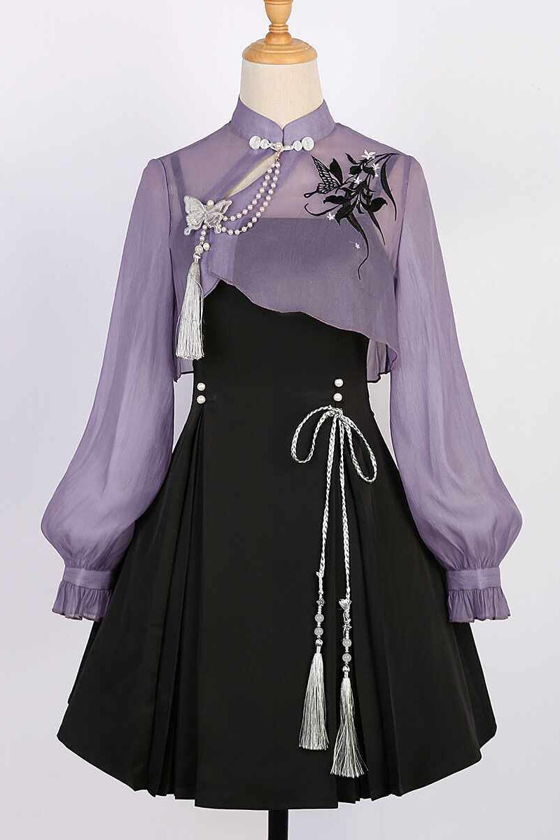 Chinese-Style Embroidery Short Top + Suspender Skirt Suit
