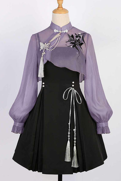 Chinese-Style Embroidery Short Top + Suspender Skirt Suit