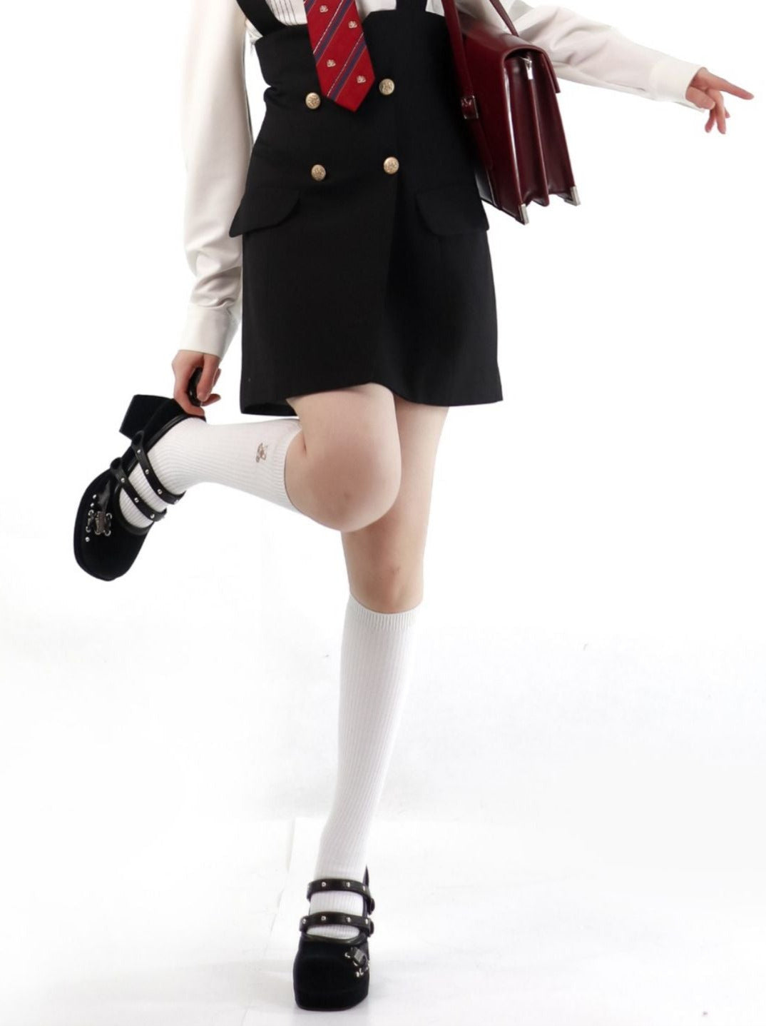 American High School Jacket Suspender Skirt + Cross Off-Shoulder Knit & Skirt