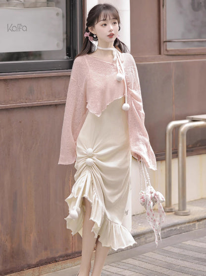 Sweet Girly China Asymmetrical Sheer Top + Suspender Dress