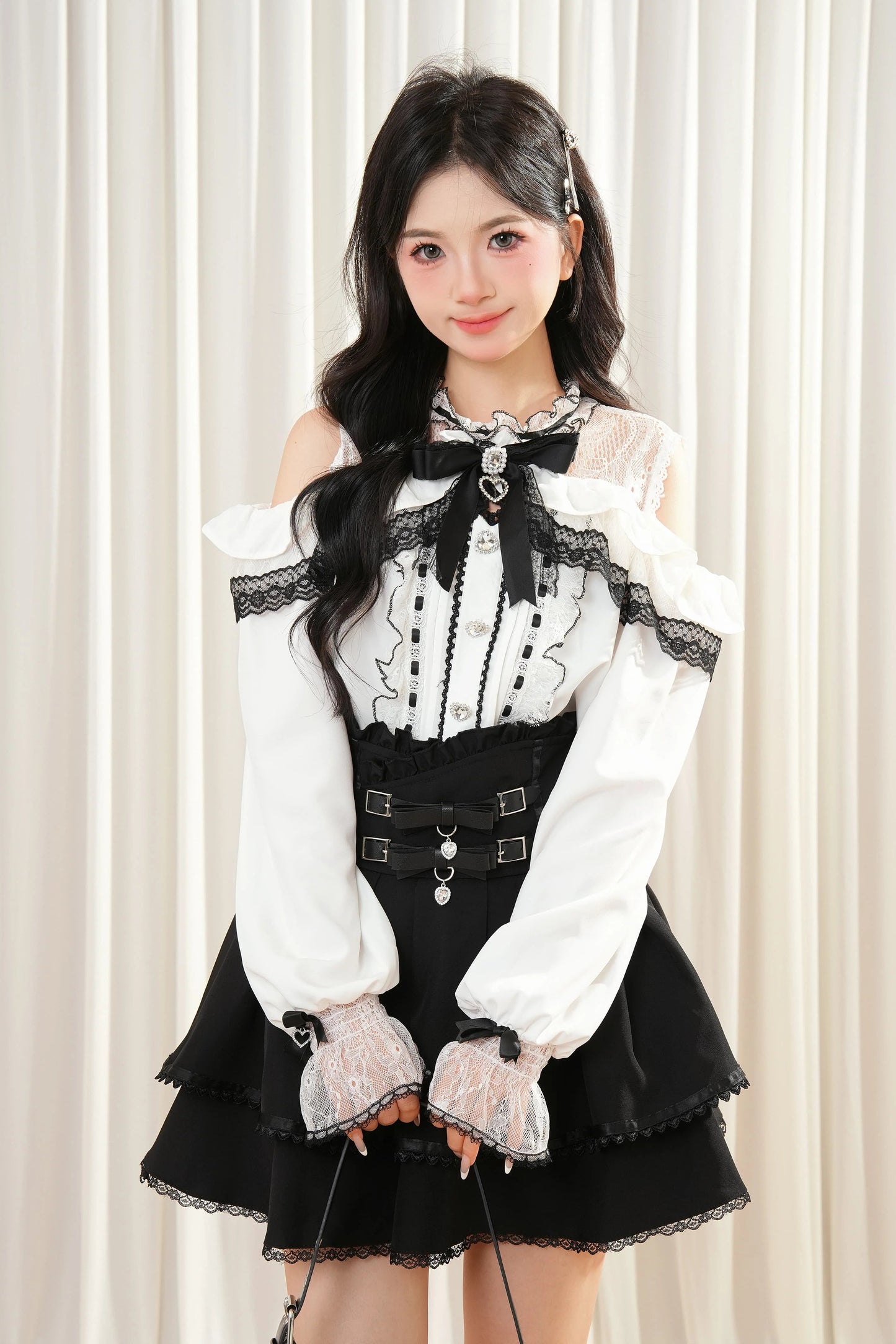 レースリボンオフショルダートップス+スカート