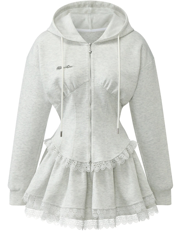 Hooded Ruffle Lace Hoodie + Ruffle Skirt
