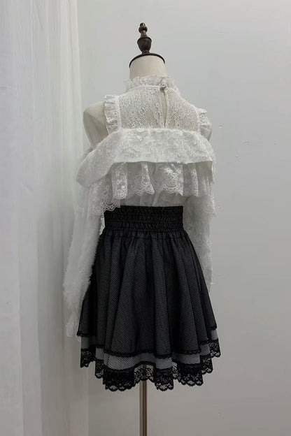 【1月6日予約締切】ホワイトレースオフショルダーリボンニットトップス＋千鳥格子スカート