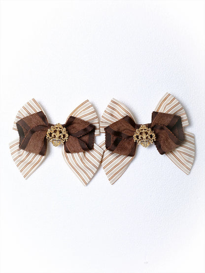 [11/6 Reservation Deadline] Navy Blue/Brown Classic Italian Travel Diary Lolita Series Accessories (Lace Ribbon Mini Hat / Pair of Striped Hair Clips / Brooch / Jabot-Style Bow Tie / Necktie with Metal Brooch / Embroidered Back Ribbon Train)