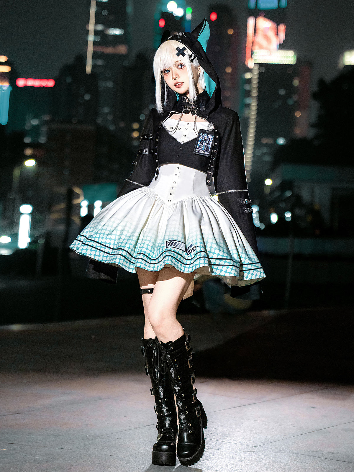 【予約商品】デイリーゴシックレトロパンクスタイルフードジャケット＋プリーツサスペンダースカート