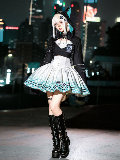 【予約商品】デイリーゴシックレトロパンクスタイルフードジャケット＋プリーツサスペンダースカート