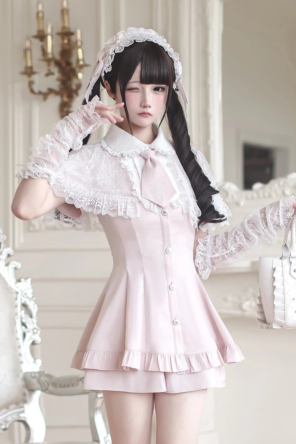[Pre-order Deadline: May 15] Pink Lace Cape Design Tie Color Dress Suit Full Set + Accessories