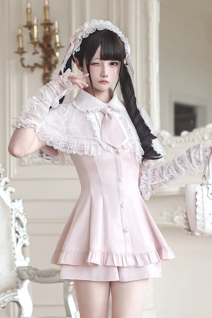 [Pre-order Deadline: May 15] Pink Lace Cape Design Tie Color Dress Suit Full Set + Accessories