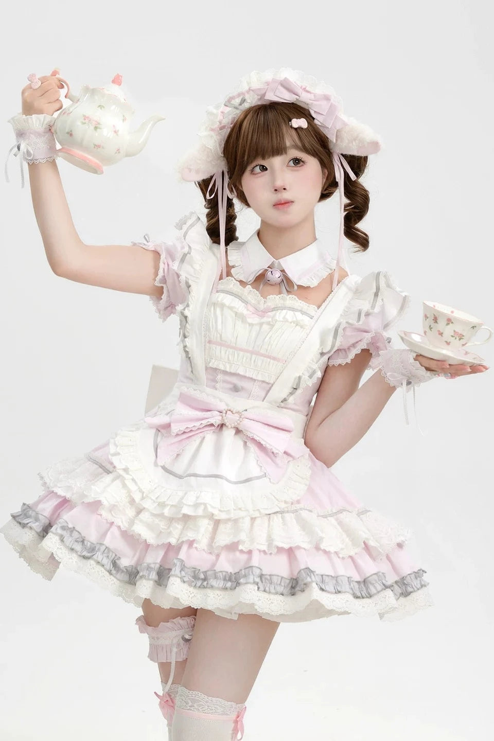 [Pre-Order] Pink Sweet Lolita Ruffle Maid Dress Set (Detachable Collar with Bells + Waist Apron with Ribbon + Back Ribbon + Leg Rings)