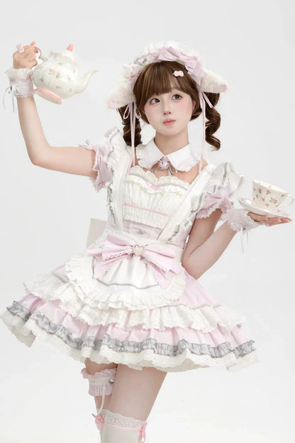 [Pre-Order] Pink Sweet Lolita Ruffle Maid Dress Set (Detachable Collar with Bells + Waist Apron with Ribbon + Back Ribbon + Leg Rings)