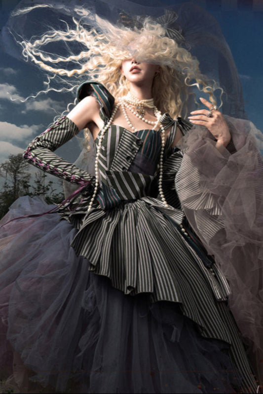 Striped Grid Fantasy Dress Set + Asymmetrical Tulle Skirt + Veil