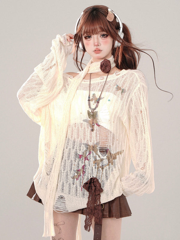 Loose Mesh Coffee Collar Top