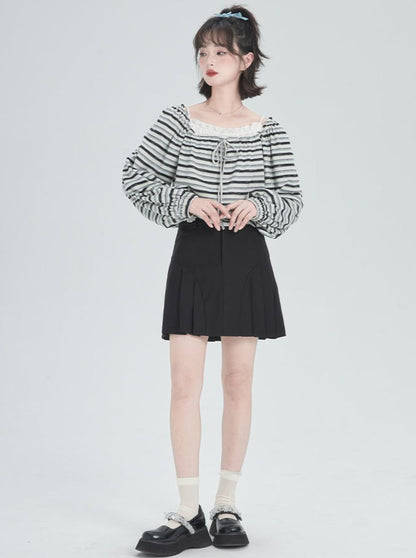 Square Collar Border Loose Tops