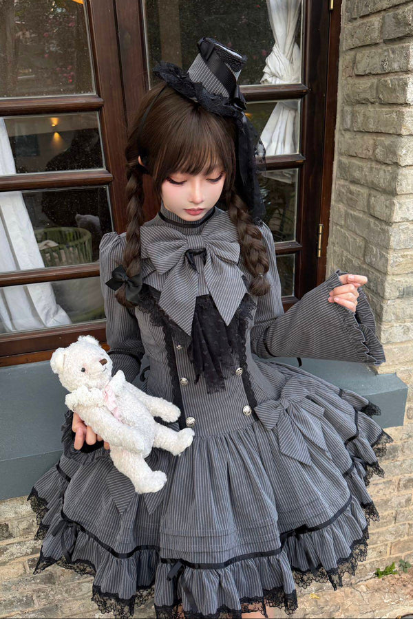 [Pre-order Deadline: April 25] Phantom Cat Sweet Ribbon Gray Stripe Lace Bell Sleeve Lolita Dress