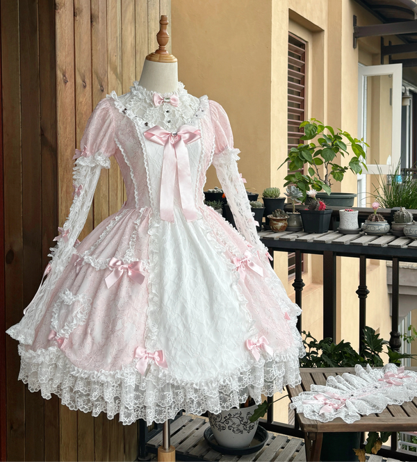 【7月3日予約締切】スウィートロリータレースラインストーンリボンロマンティックドールパフスリーブドレス＋ベルスリーブ＋ヘアバンドセット